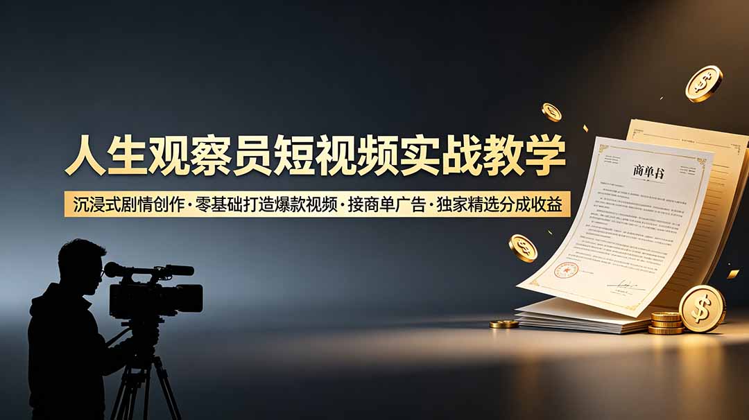 （19113期）人生观察员短视频实战教学，沉浸式剧情创作，零基础打造爆款视频，接商单广告，独家精选分成收益-九节课