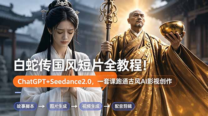 （18737期）白蛇传-国风短片全教程！ChatGPT+Seedance2.0，一套课跑通古风AI影视创作-九节课