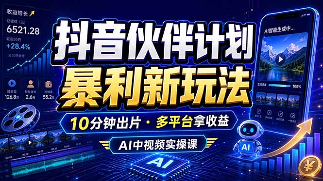 (18869期)抖音伙伴计划最新玩法,无需配音剪辑,10分钟出一条原创视频,轻松日入三位数-九节课