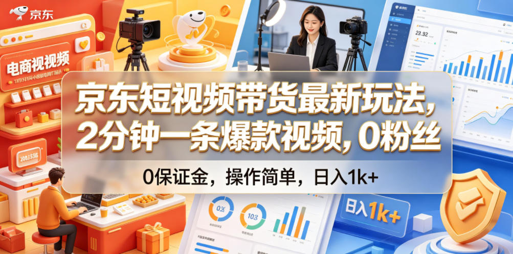京东短视频带货最新玩法，2分钟一条爆款视频，0粉丝，0保证金，操作简单，日入1k+【揭秘】-九节课