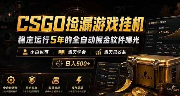 CSGO捡漏游戏挂G，稳定运行5年的全自动掘金软件曝光，小白也可当天学会，当天见收益，日入500+【揭秘】-九节课