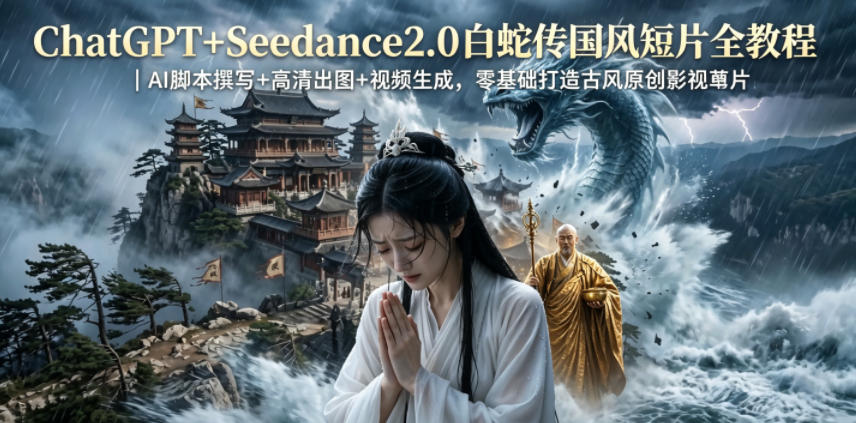 ChatGPT+Seedance2.0白蛇传国风短片全教程｜AI脚本撰写+高清出图+视频生成，零基础打造古风原创影视短片-九节课