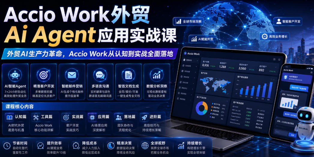 Accio Work外贸Ai Agent应用实战课，外贸AI生产力革命，Accio Work从认知到实战全面落地-九节课