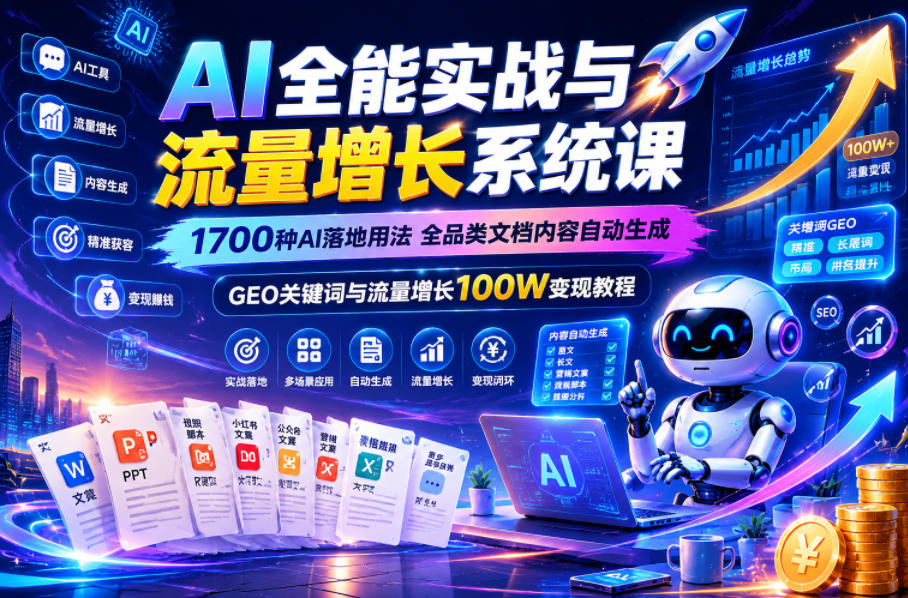 AI全能实战与流量增长系统课，1700种AI落地用法，全品类文档内容自动生成，GEO关键词与流量增长100W变现教程-九节课