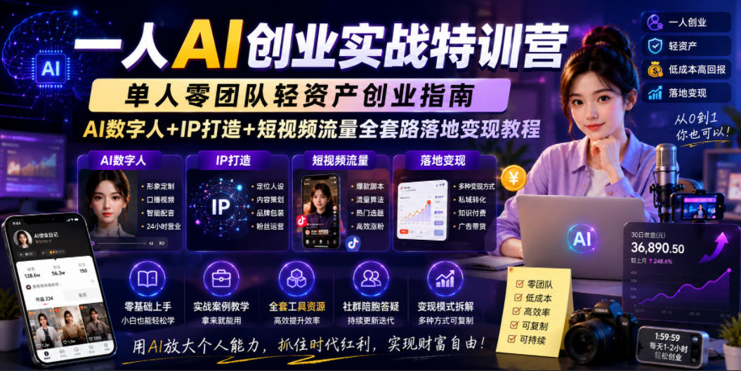 一人AI创业实战特训营，单人零团队轻资产创业指南，AI数字人+IP打造+短视频流量全套路落地变现教程-九节课