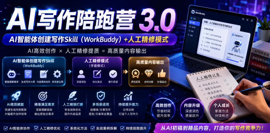 AI写作陪跑营3.0，Ai智能体创建写作skill（workbuddy）+人工手写模式（手搓模式），去除AI痕迹（头条号、公众号、百家号）-九节课