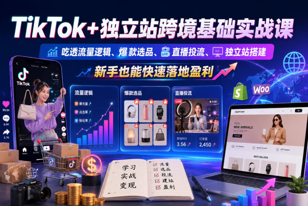 TikTok+独立站跨境基础实战课，吃透流量逻辑、爆款选品、直播投流与独立站搭建，新手也能快速落地盈利-九节课