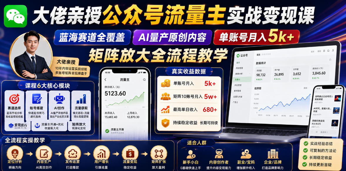 大佬亲授公众号流量主实战变现课，蓝海赛道全覆盖，AI量产原创内容，单账号月入5k+矩阵放大全流程教学-九节课