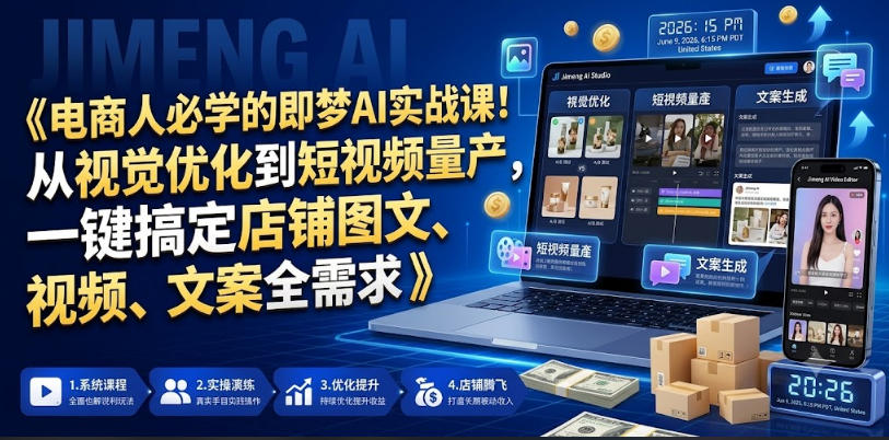 电商人必学的即梦AI实战课！从视觉优化到短视频量产，一键搞定店铺图文、视频、文案全需求-九节课
