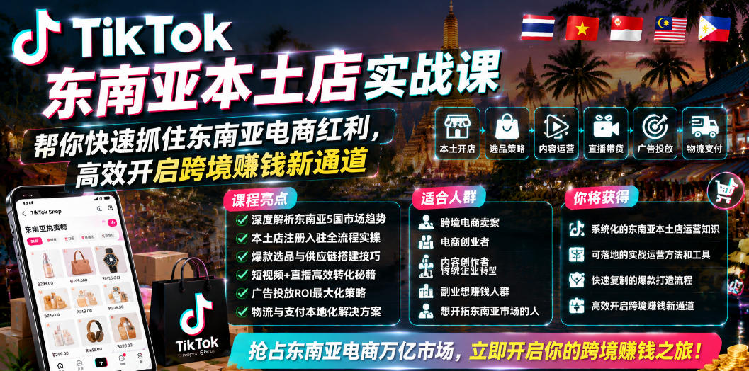 TikTok东南亚本土店实战课，帮你快速抓住东南亚电商红利，高效开启跨境賺钱新通道-九节课