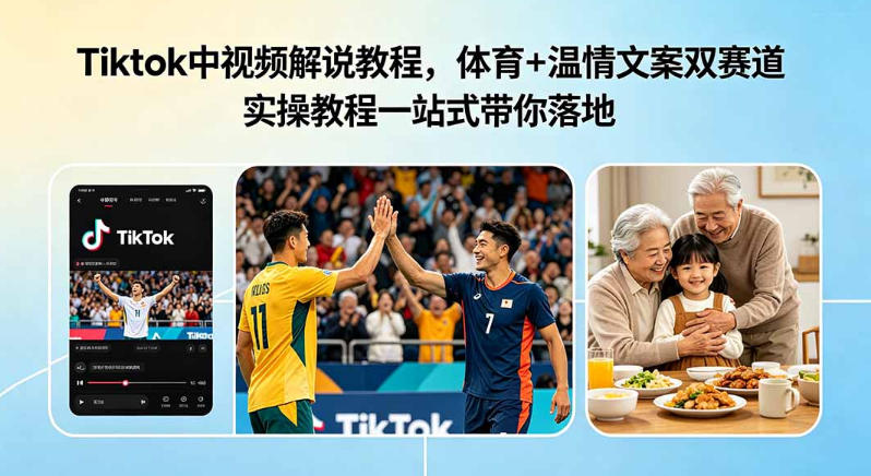 Tiktok中视频解说教程，体育+温情文案双赛道实操教程一站式带你落地，教你出海賺美刀-九节课