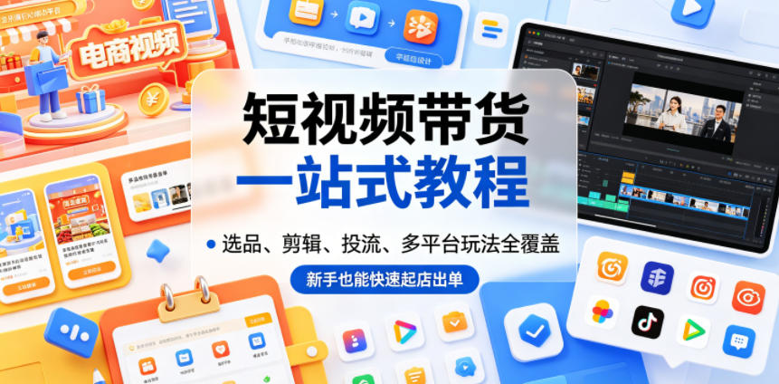 短视频带货一站式教程，选品、剪辑、投流、多平台玩法全覆盖，新手也能快速起店出单-九节课