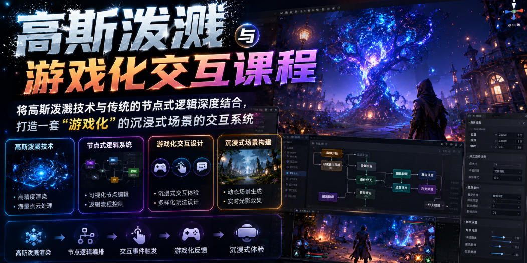 高斯泼溅与游戏化交互课程，将高斯泼溅技术与传统的节点式逻辑深度结合，打造一套“游戏化”的沉浸式场景的交互系统-九节课