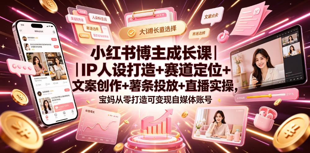 小红书博主成长课|IP人设打造+赛道定位+文案创作+薯条投放+直播实操,宝妈从零打造可变现自媒体账号-九节课