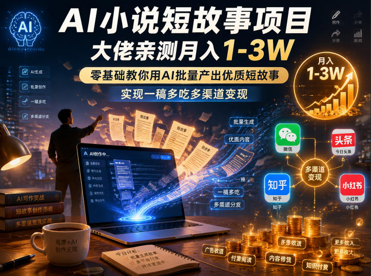 AI小说短故事项目，大佬亲测月入1-3W，零基础教你用AI批量产出优质短故事，实现一稿多吃多渠道变现-九节课