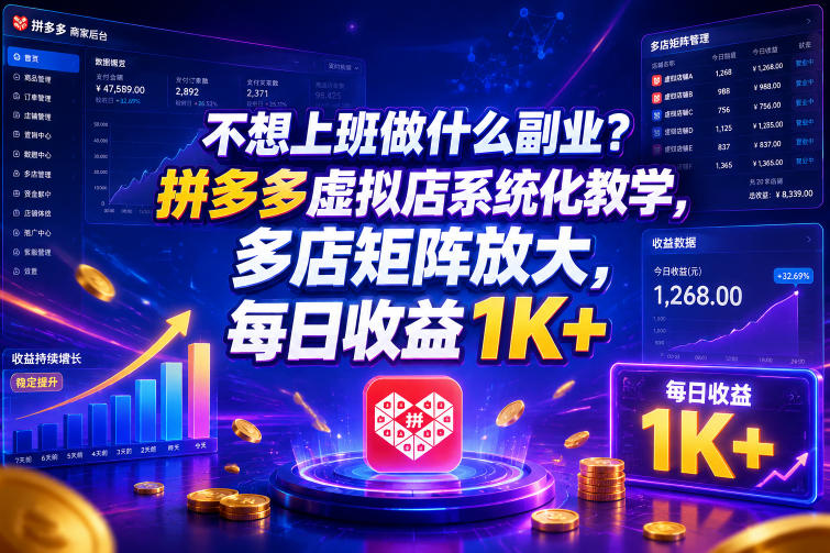 不想上班做什么副业？拼多多虚拟店系统化教学，多店矩阵放大，每日收益1K+【揭秘】-九节课