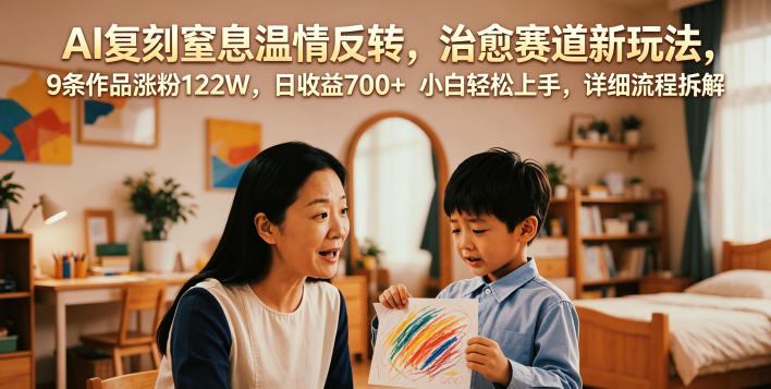 AI复刻窒息温情反转，治愈赛道新玩法，9条作品涨粉122W，日收益700+ 小白轻松上手，详细流程拆解-九节课