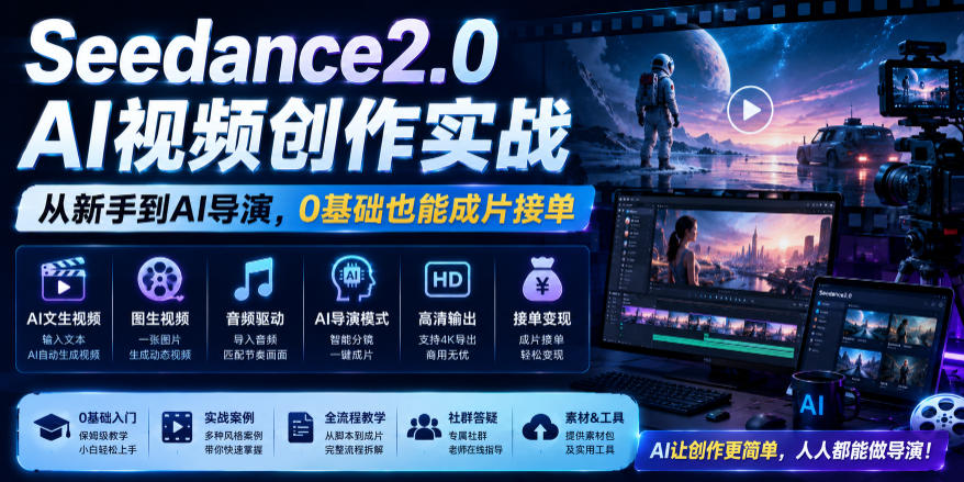 Seedance2.0 AI视频创作实战，从新手到AI导演，0基础也能成片接单变现-九节课