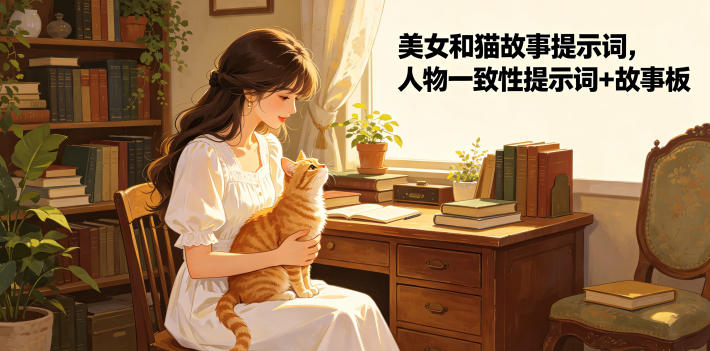 美女和猫故事提示词，人物一致性提示词+故事板-九节课