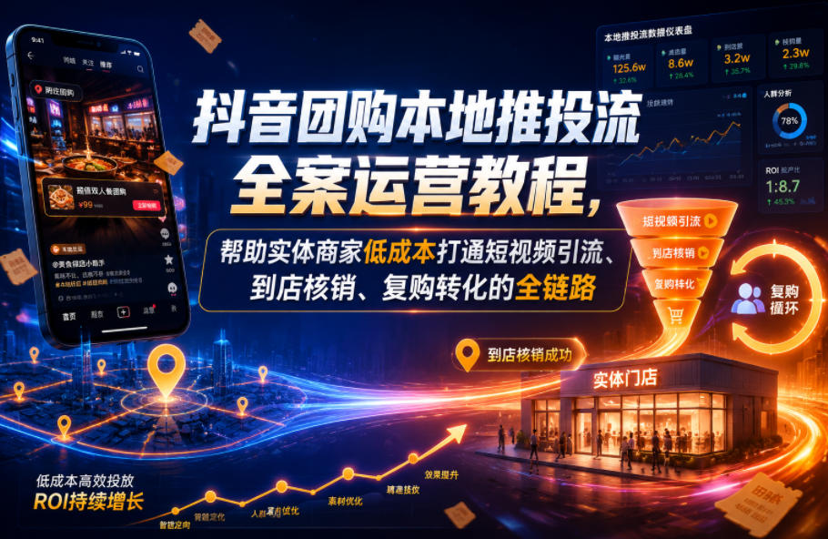抖音团购本地推投流全案运营教程，帮助实体商家低成本打通短视频引流、到店核销、复购转化的全链路-九节课