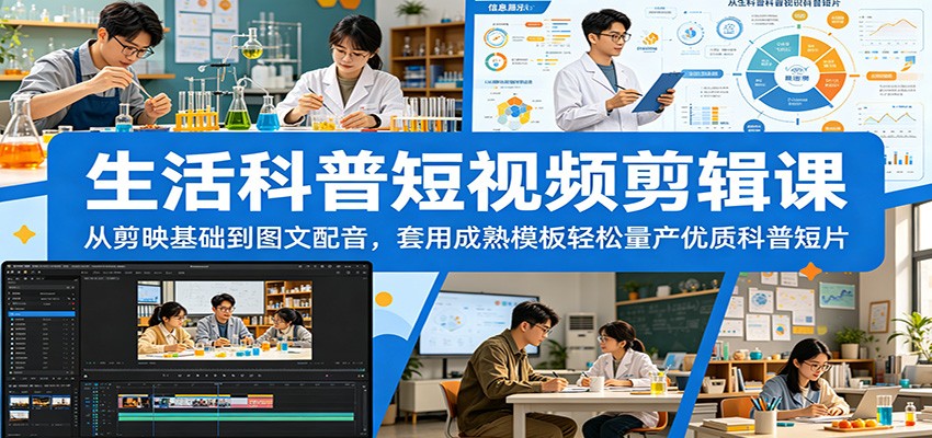 生活科普短视频剪辑课：从剪映基础到图文配音，套用成熟模板轻松量产优质科普短片-九节课
