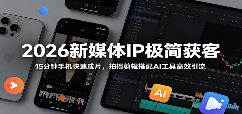 2026新媒体IP极简获客：15分钟手机快速成片，拍摄剪辑搭配AI工具高效引流-九节课