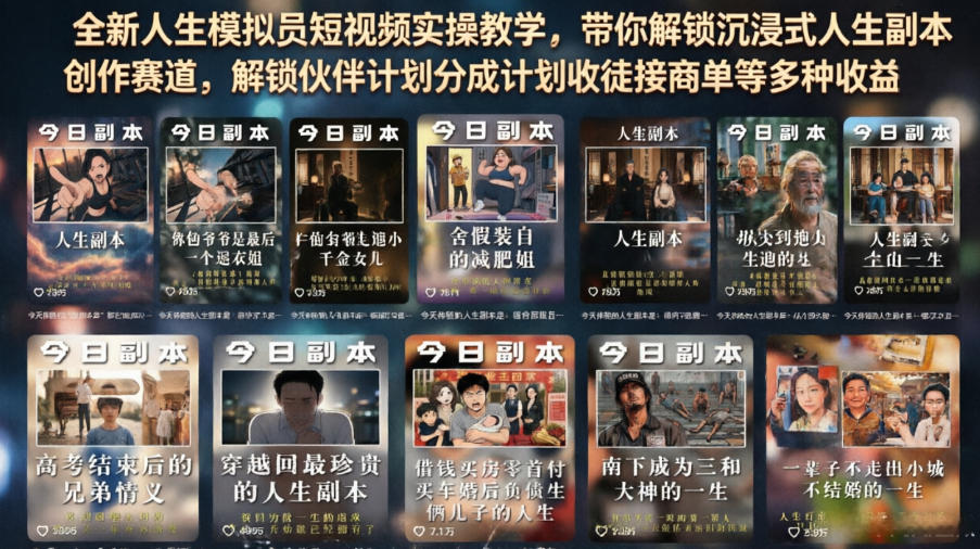 全新人生模拟员短视频实操教学，带你解锁沉浸式人生副本创作赛道，解锁伙伴计划分成计划收徒接商单等多种收益-九节课