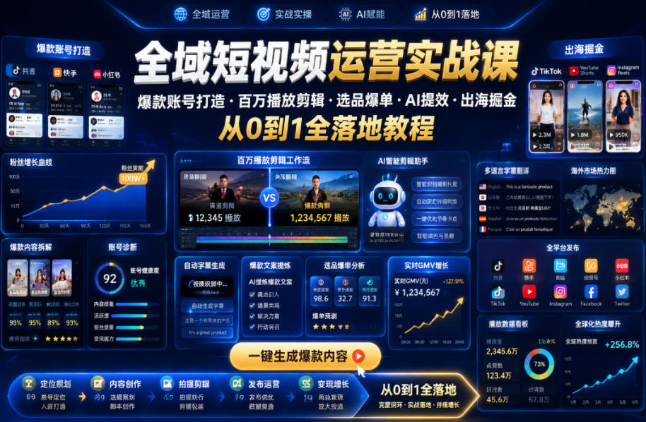 全域短视频运营实战课，爆款账号打造・百万播放剪辑・选品爆单・AI提效・出海掘金，从0到1全落地教程-九节课