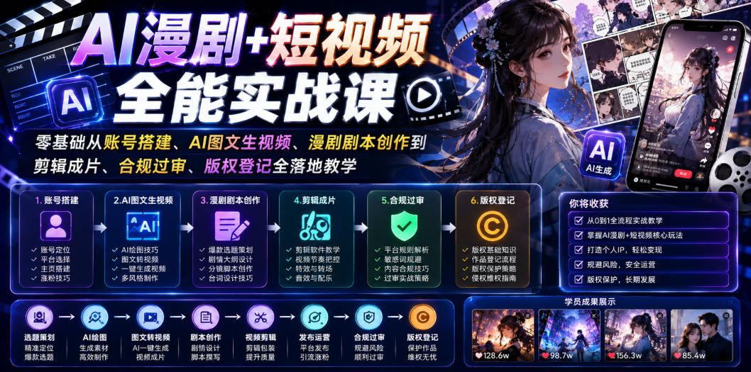 AI漫剧+短视频全能实战课｜零基础从账号搭建、AI图文生视频、漫剧剧本创作到剪辑成片、合规过审、版权登记全落地教学-九节课