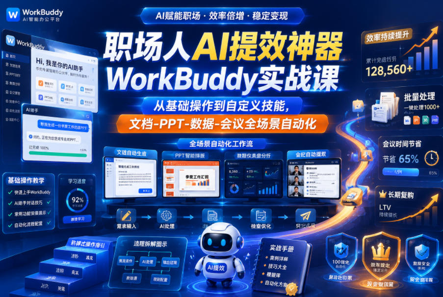 职场人AI提效神器WorkBuddy实战课，从基础操作到自定义技能，文档-PPT-数据-会议全场景自动化-九节课