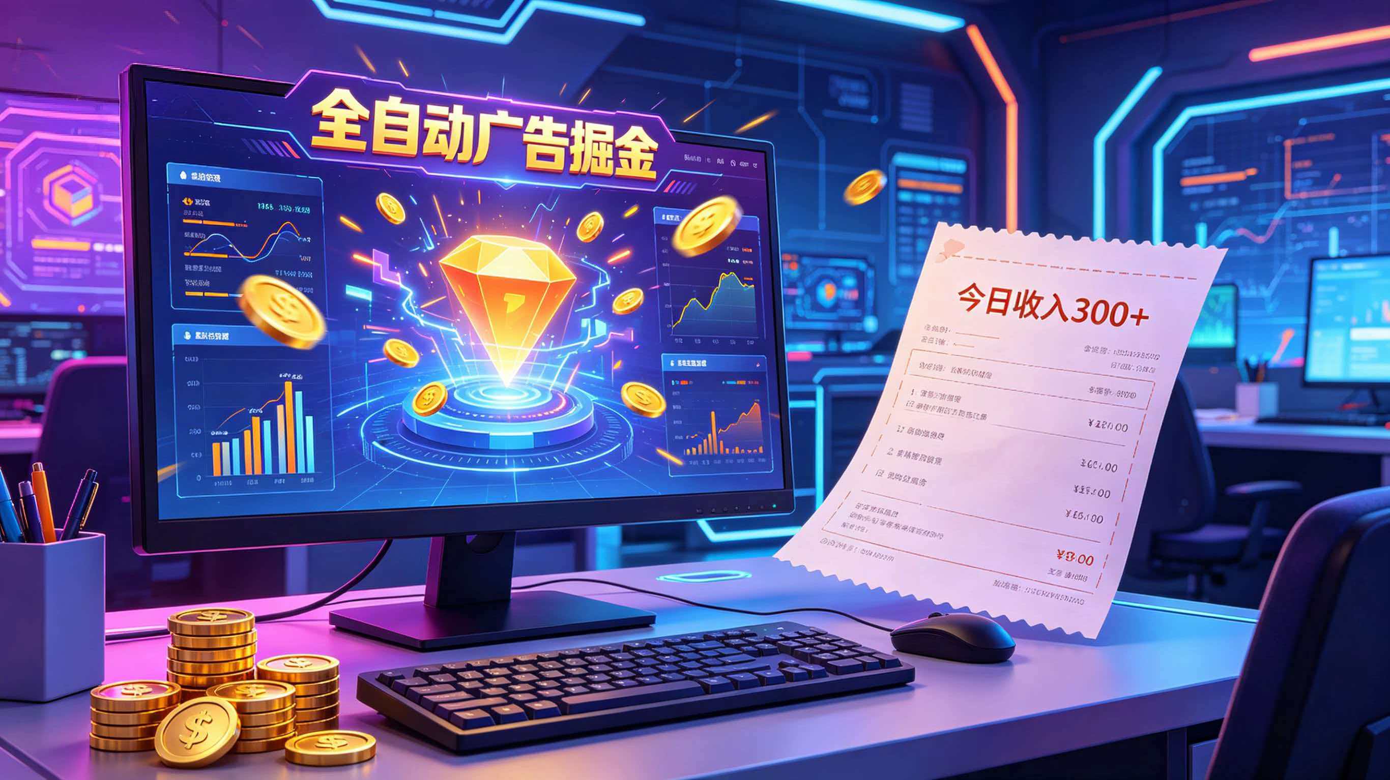 全自动广告掘金，日入300+。全程Ai自动化运行，解放双手，时间自由。收益稳定-九节课