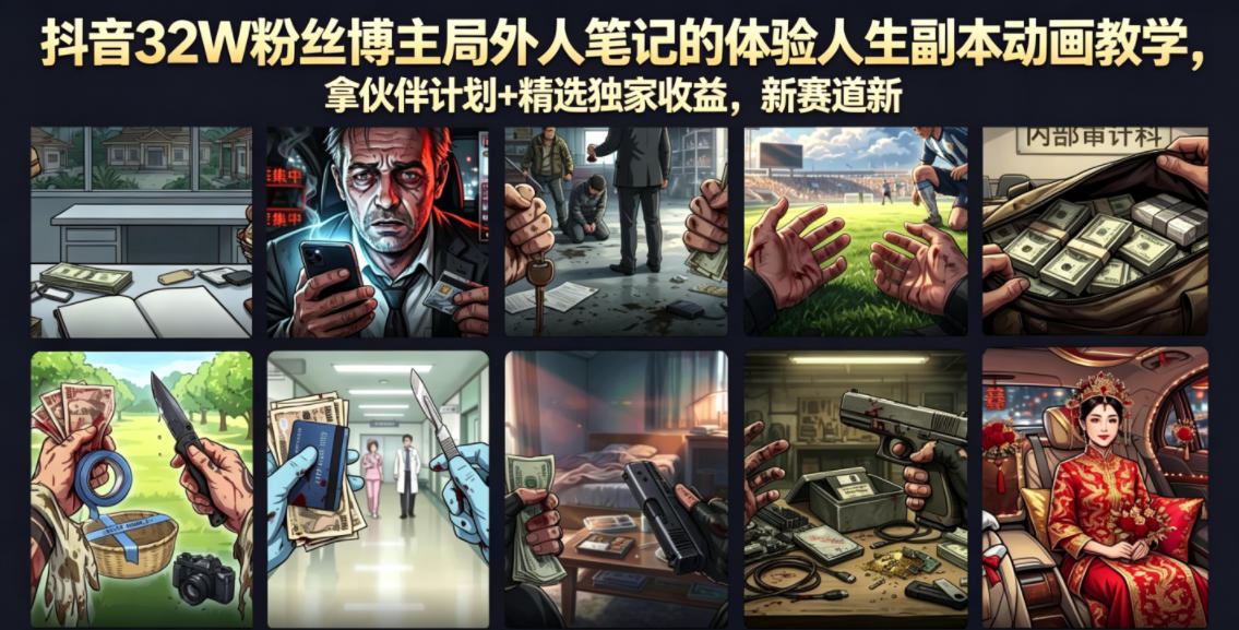 抖音32W粉丝博主局外人笔记的体验人生副本动画教学，拿伙伴计划+精选独家收益，新赛道新涨粉快【录制版】-九节课