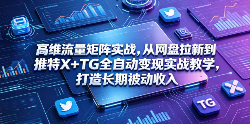 高维流量矩阵实战，从网盘拉新到推特X+TG全自动变现实战教学，打造长期被动收入-九节课