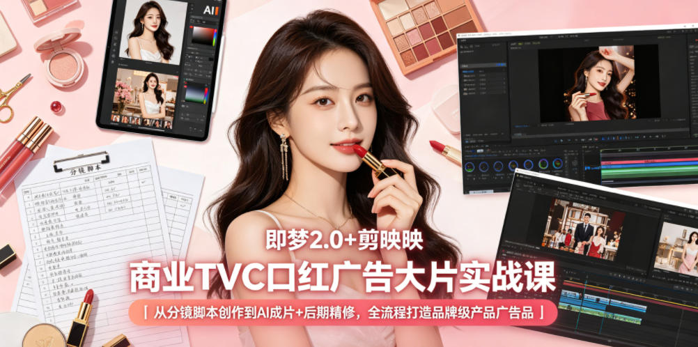 即梦2.0+剪映商业TVC口红广告大片实战课｜从分镜脚本创作到AI成片+后期精修，全流程打造品牌级产品广告-九节课