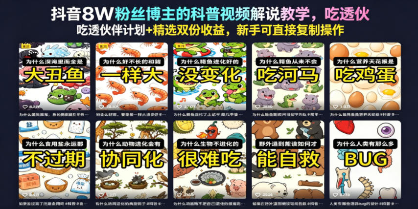 抖音8W粉丝博主的科普视频解说教学，吃透伙伴计划+精选双份收益，新手可直接复制操作-九节课