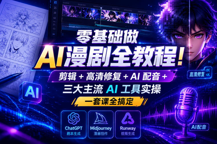 零基础做AI漫剧全教程！剪辑+高清修复+AI配音+三大主流AI工具实操，一套课全搞定-九节课