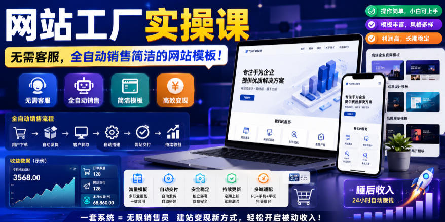 网站工厂实操课，无需客服，网站模板自动赚钱！【原创双语字幕】-九节课