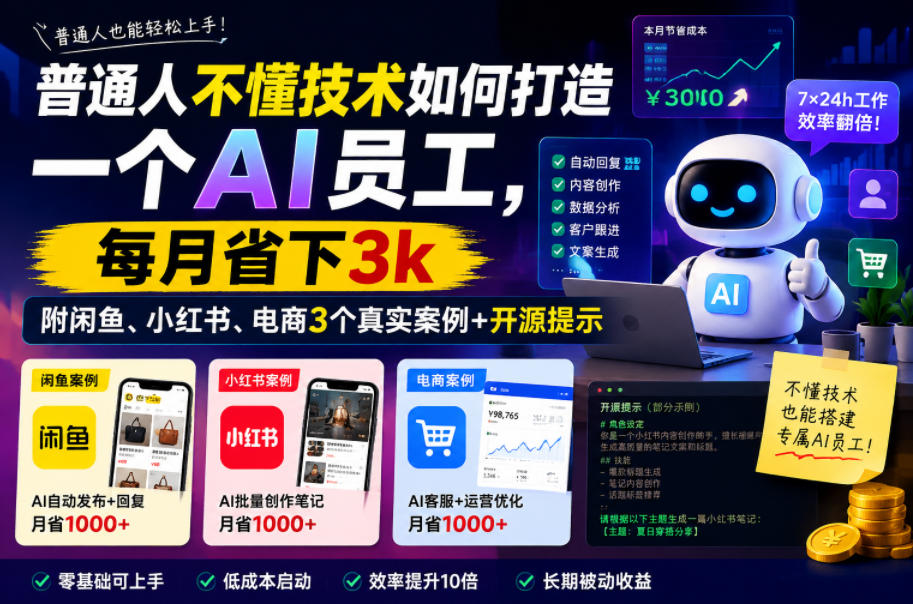 普通人不懂技术如何打造一个AI员工，每月省下3k，附闲鱼、小红书、电商3个真实案例+开源提示【文档】-九节课