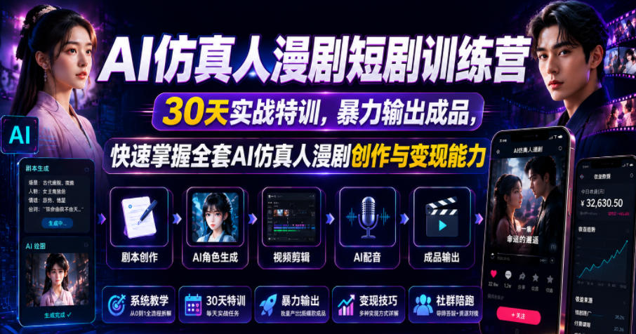 AI仿真人漫剧短剧训练营，30天实战特训，暴力输出成品，快速掌握全套AI仿真人漫剧创作与变现能力-九节课