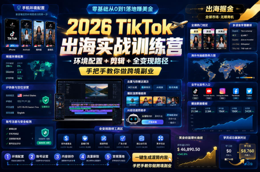2026 TikTok出海实战训练营，环境配置 + 剪辑 + 全变现路径，手把手教你做跨境副业-九节课