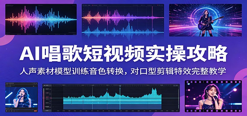 AI唱歌短视频实操攻略：人声素材模型训练音色转换，对口型剪辑特效完整教学-九节课