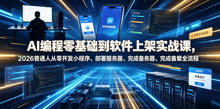 AI编程零基础到软件上架实战课，2026普通人从零开发小程序、部署服务器、完成备案全流程项目落地教程-九节课