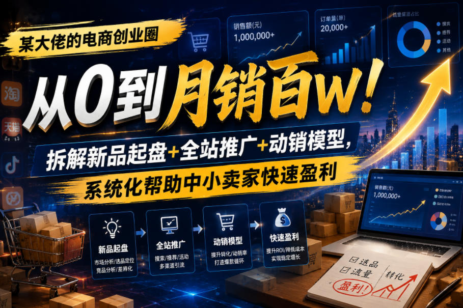 某大佬的电商创业圈从0到月销百W！拆解新品起盘+全站推广+动销模型，系统化帮助中小卖家快速盈利-九节课