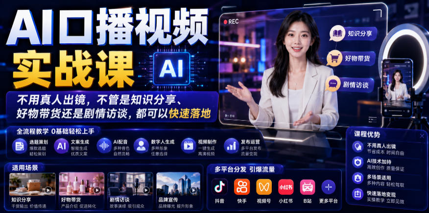 AI口播视频实战课，不用真人出镜，不管是知识分享、好物带货还是剧情访谈，都可以快速落地-九节课