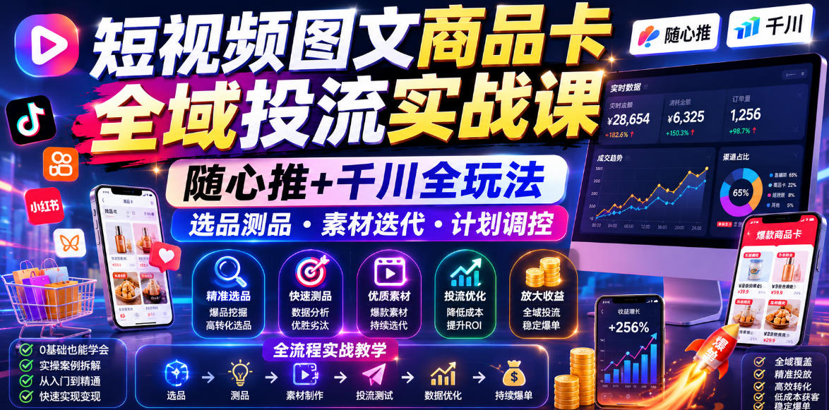 短视频图文商品卡全域投流实战课，随心推+千川全玩法，选品测品・素材迭代・计划调控，提升ROI爆单增收教程-九节课
