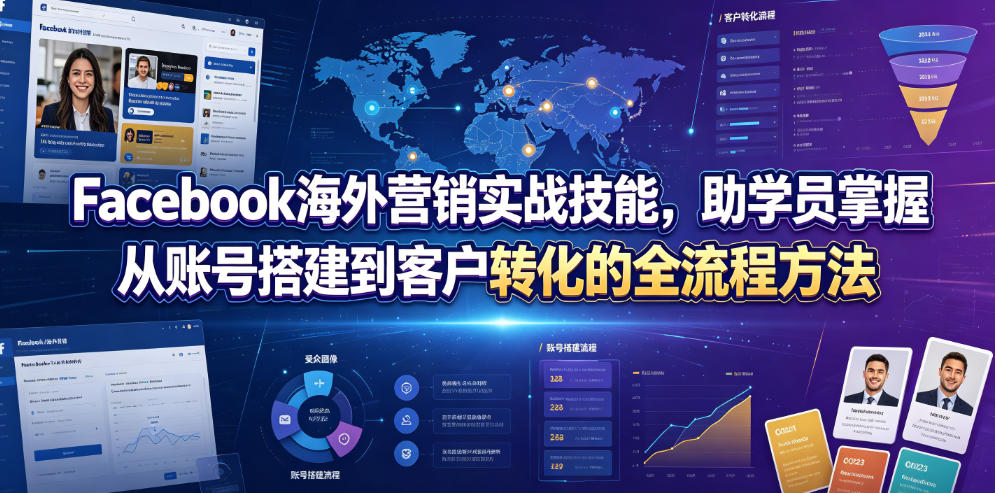 Facebook海外营销实战技能，助学员掌握从账号搭建到客户转化的全流程方法-九节课