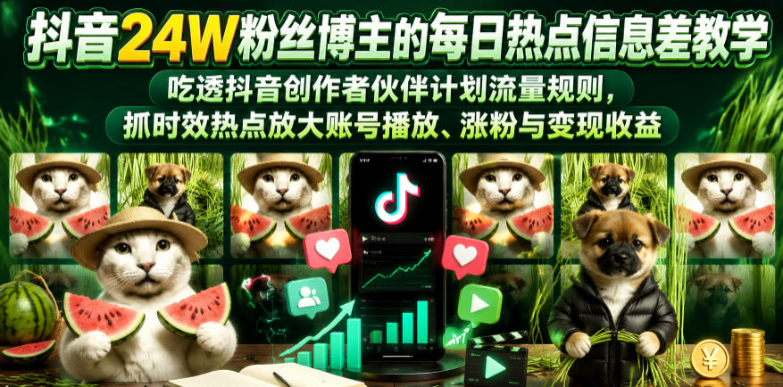 抖音24W粉丝博主的每日热点信息差教学，吃透创作者伙伴计划流量规则，抓时效热点放大账号播放、涨粉与变现收益-九节课