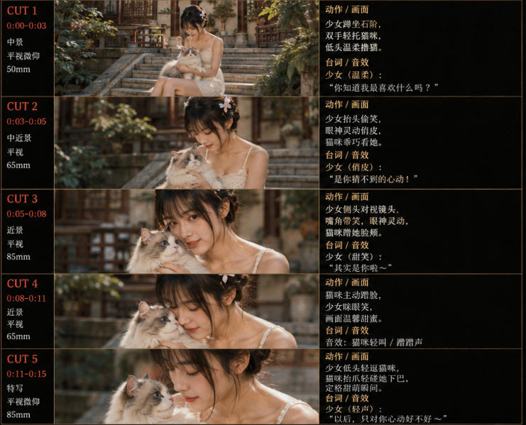 图片[2]-美女和猫故事提示词，人物一致性提示词+故事板-九节课