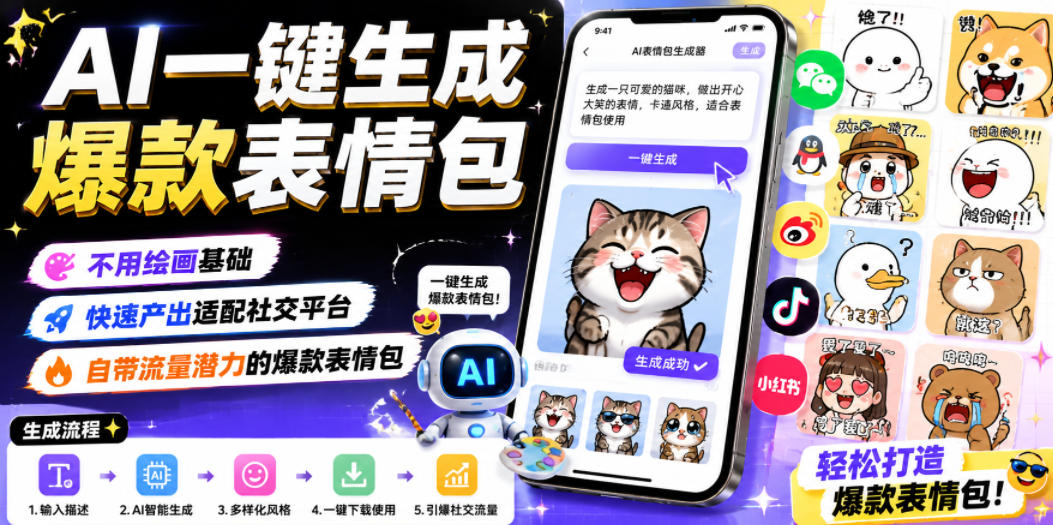 AI一键生成爆款表情包，不用绘画基础，快速产出适配社交平台，自带流量潜力的爆款表情包-九节课