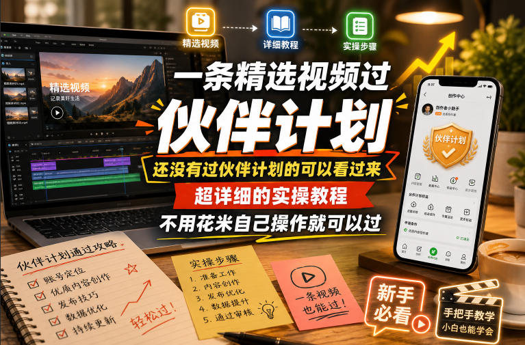 一条精选视频过伙伴计划，还没有过伙伴计划的可以看过来，超详细的实操教程，不用花米自己操作就可以过-九节课
